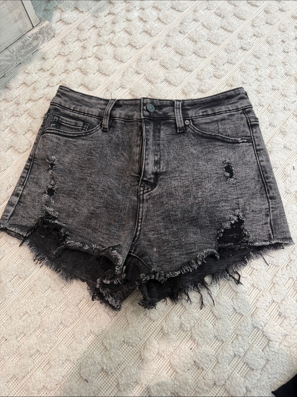 KanCan Women's Distressed Black/Grey High-Waist Denim Shorts